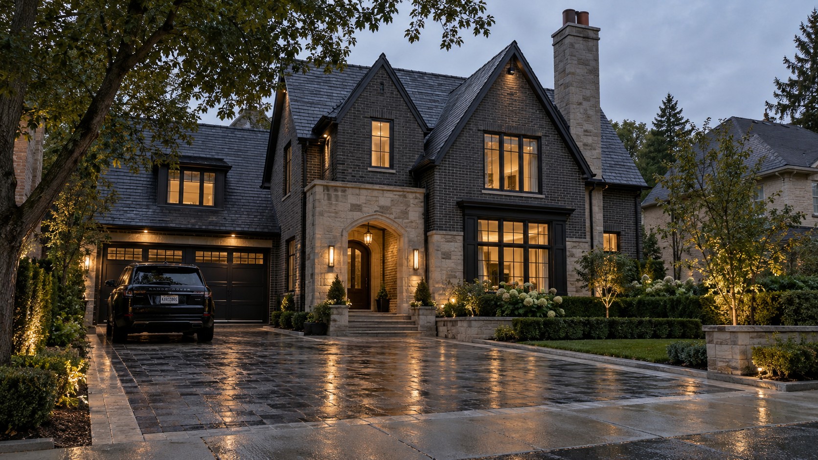 Conceptual modern Tudor home with charcoal brick gables, buff limestone entrance and rain-damp stone driveway