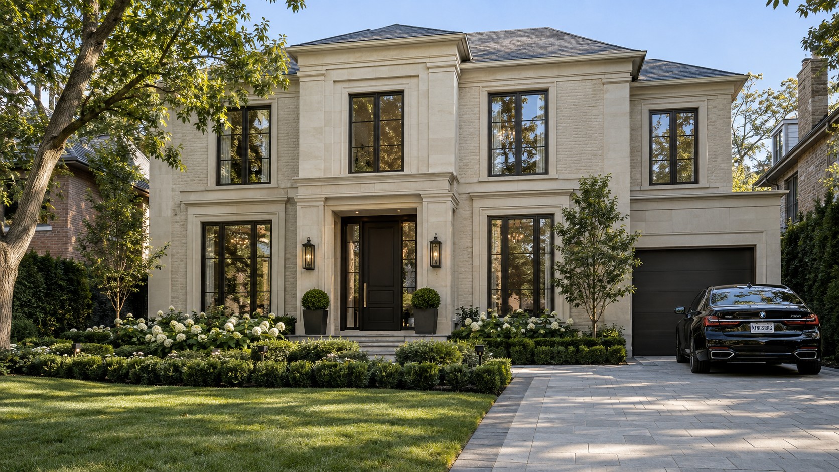 Conceptual contemporary Georgian-inspired limestone home with bronze-framed windows and established hydrangea planting